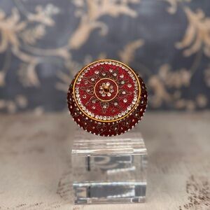 Vintage Red Jeweled Trinket Box Rhinestone Enamel Ormolu Round Casket